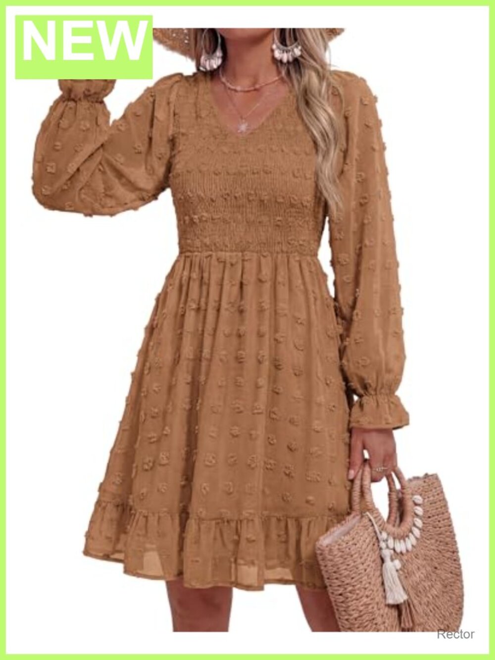 Women's Swiss Dot Chiffon Flowy Long Sleeve Dress with Ruffle Cuffs - Picture 4 of 6